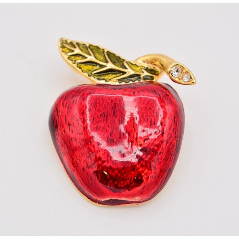 Vintage Juicy Red Apple Pin Brooch Teacher Green Enamel Gold Chunky 1990s BinA16